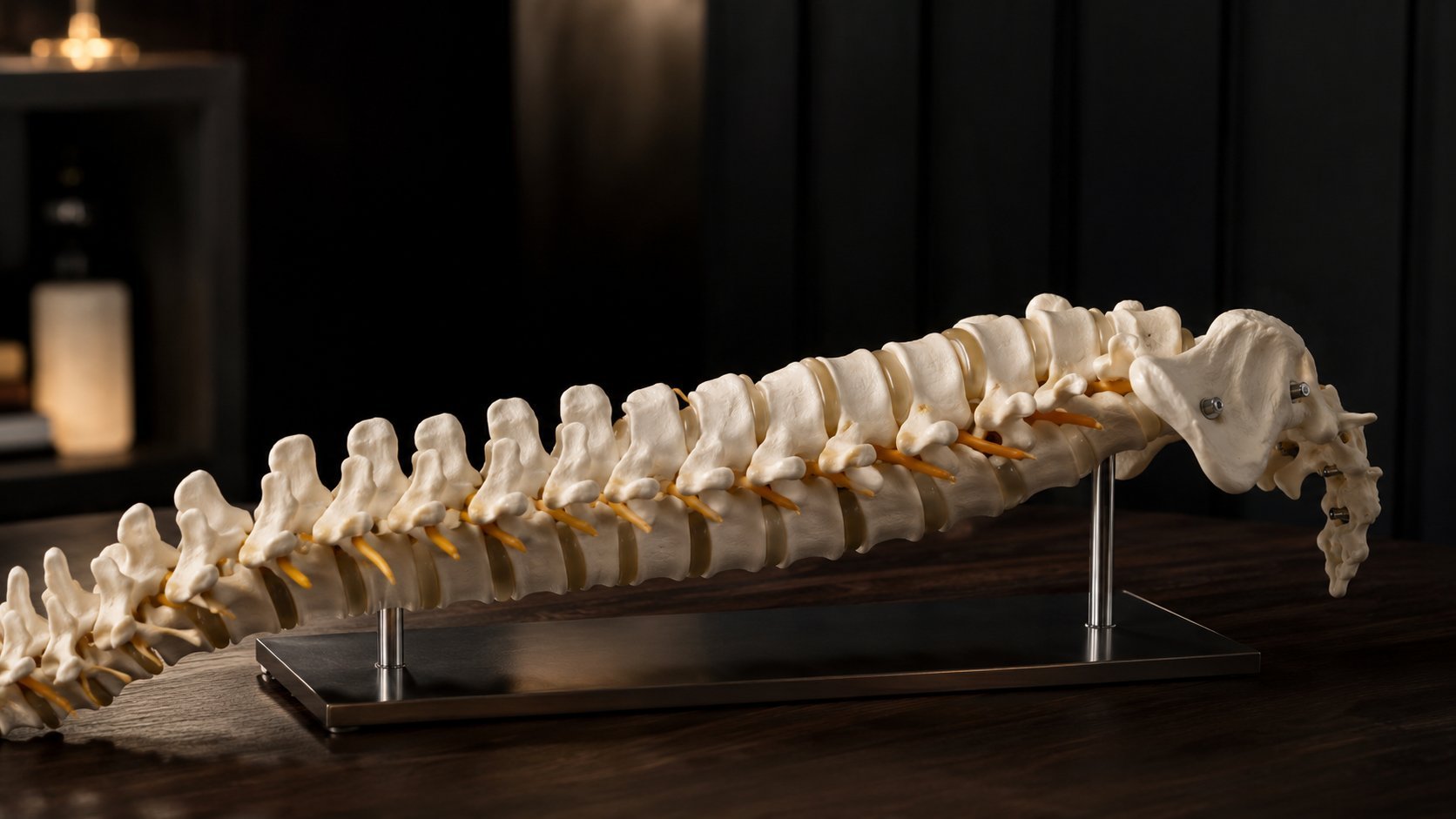 Modelo anatômico da coluna vertebral — a infiltração age na inflamação ao redor da raiz nervosa, não na causa mecânica da hérnia