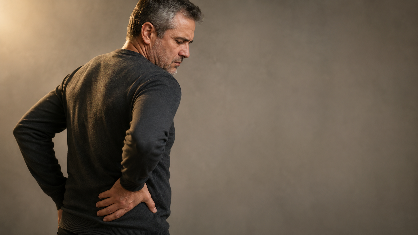 Homem de meia-idade, de perfil, com a mão na região lombar e expressão de desconforto contido, em fundo neutro de estúdio.