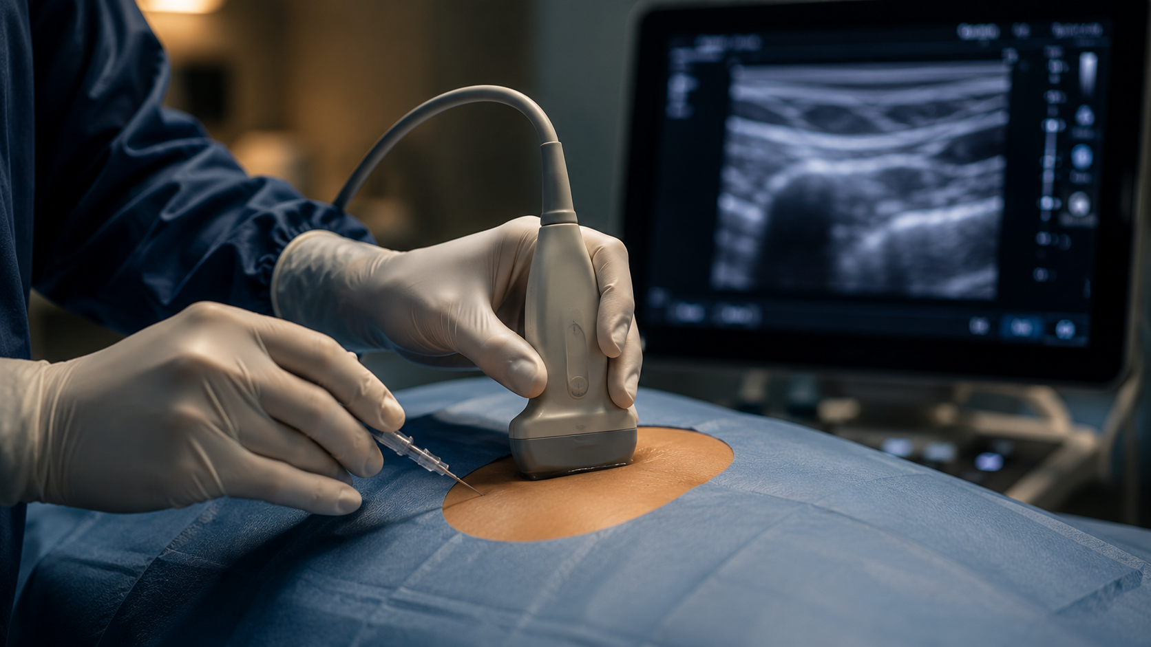 Mãos enluvadas realizando um procedimento guiado por ultrassom na região lombar, com a sonda sobre a pele estéril e um monitor de ultrassom desfocado ao fundo.