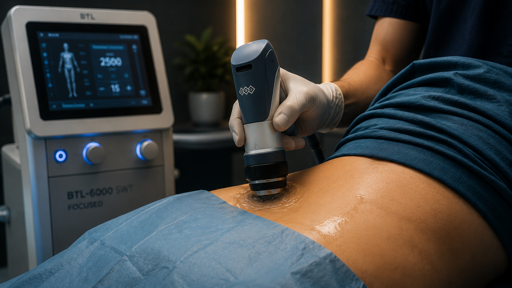 Profissional aplicando o cabeçote de onda de choque focal, com gel, sobre a lombar coberta por campo estéril; dispositivo moderno ao fundo.
