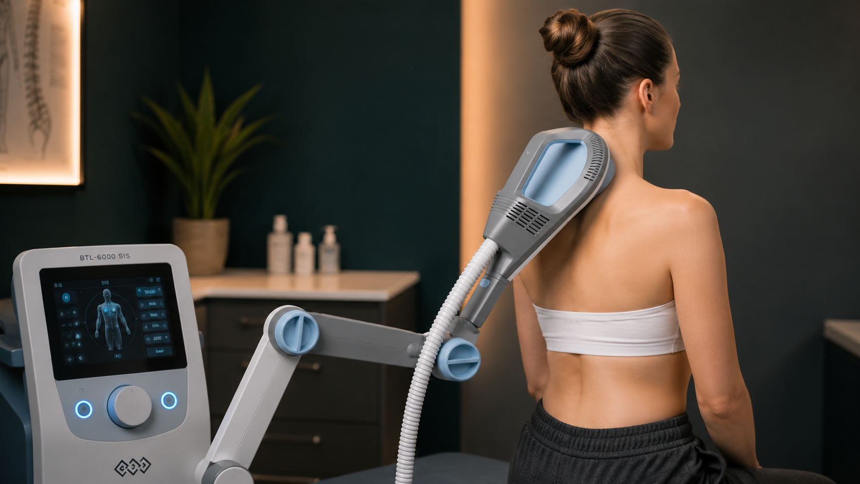Aplicador em formato de anel de um sistema de estimulação magnética periférica posicionado sobre a musculatura paravertebral lombar de um paciente sentado.