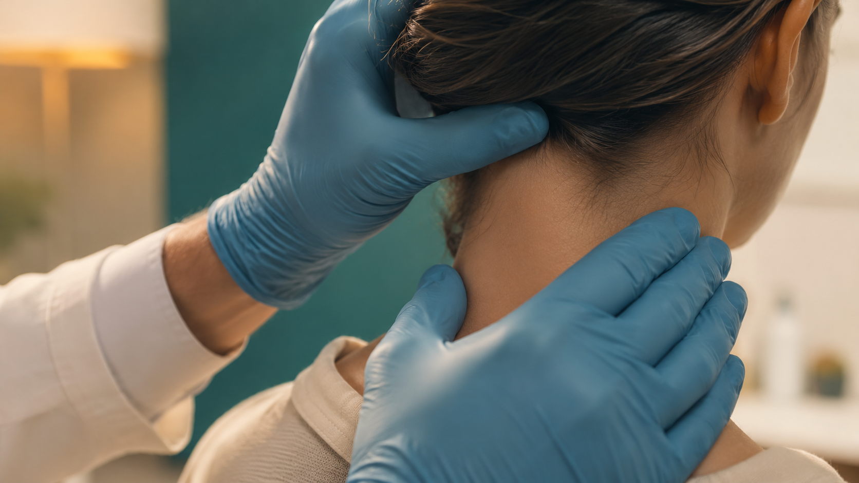 Mãos enluvadas de um clínico posicionando com cuidado a cabeça e o pescoço do paciente durante o exame físico cervical.