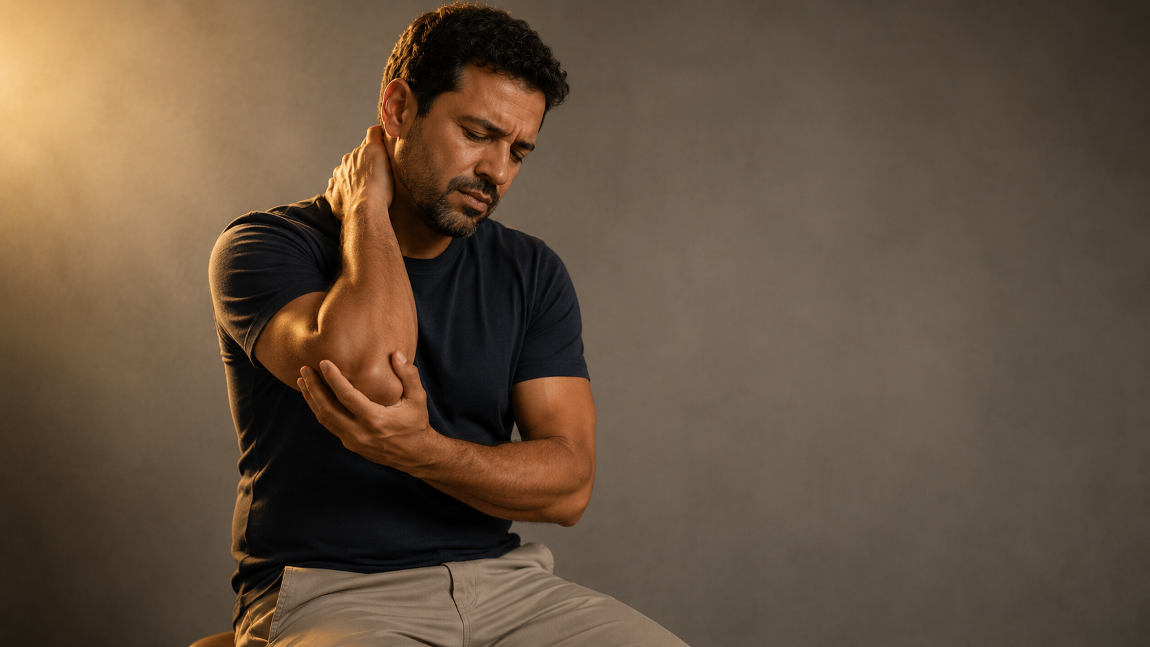 Pessoa sentada com uma das mãos na nuca e a outra no braço, sugerindo dor cervical que irradia para o membro superior.