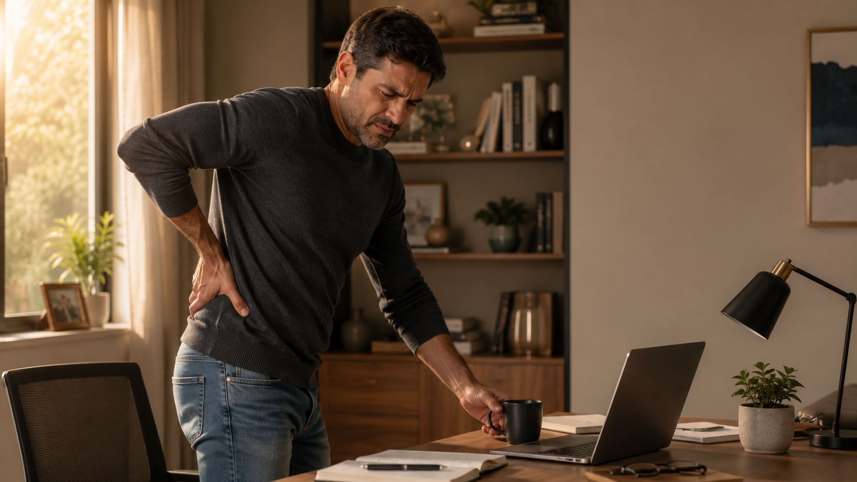 Pessoa em roupas do dia a dia, em casa, pausando uma tarefa com a mão na lombar, com expressão de cansaço que sugere dor de longa data.